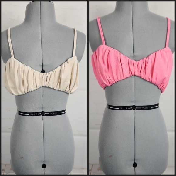 Meshki Jordan Ruched Front V Neck Bralette Crop Top 2 Bundle Set Pink & Stone XS - Picture 2 of 16